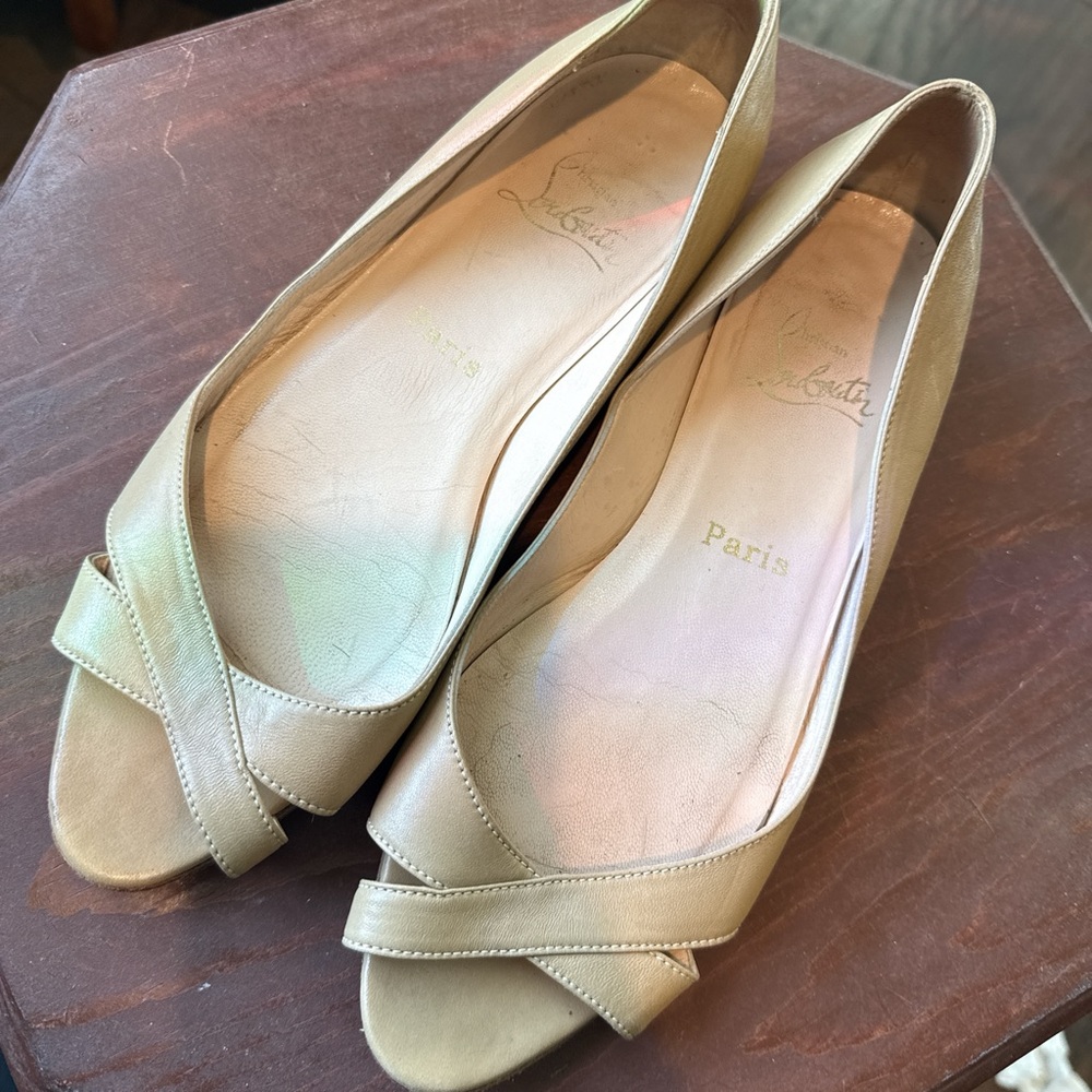 Christian Louboutin Cream Peep Toe Flats Red Bottom